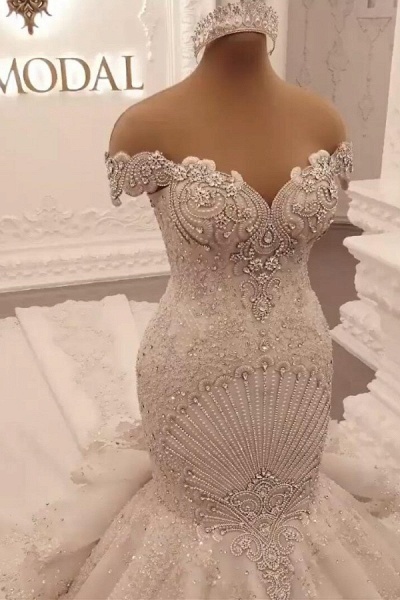 Gorgeous Off the Shoulder Crystal Floor-length Backless Mermaid Wedding Dresses_6