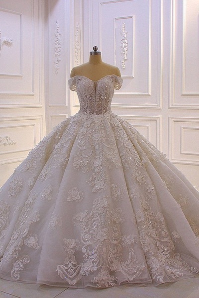 Gorgeous Sweetheart Off-the-Shoulder Backless Appliques Lace Ruffles Tulle Princess Wedding Dress_1