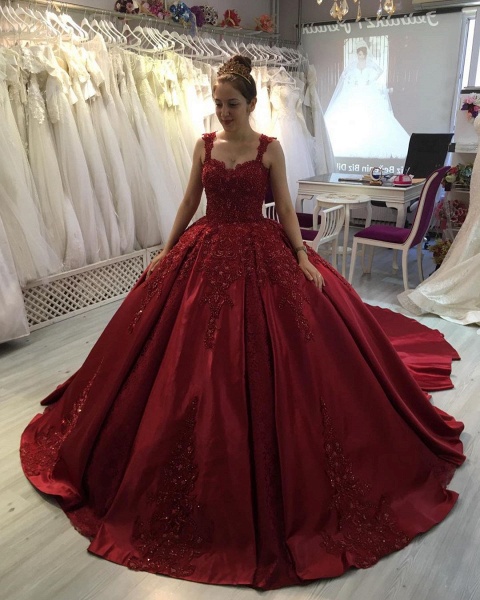 Gorgeous Train Sweetheart Spaghetti Straps Appliques Lace Satin Princess Prom Dress_2