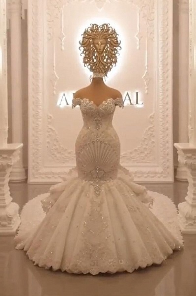 Gorgeous Off the Shoulder Crystal Floor-length Backless Mermaid Wedding Dresses_1