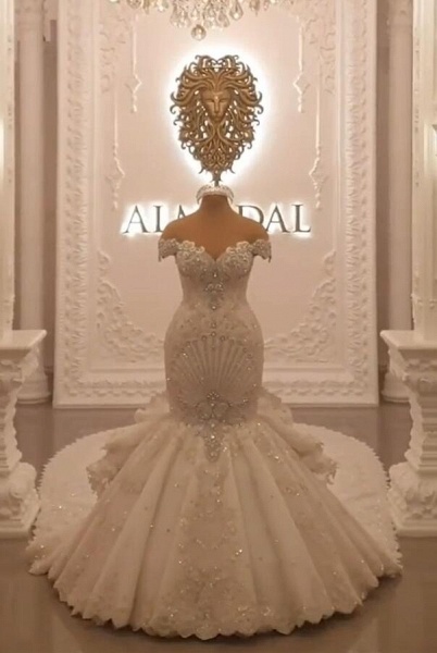 Gorgeous Off the Shoulder Crystal Floor-length Backless Mermaid Wedding Dresses_3