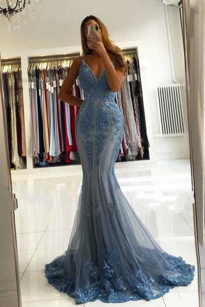 Beautiful Spaghetti Straps V-neck Appliques Lace Tulle Ruffles Backless Floor-length Mermaid Prom Dress_1