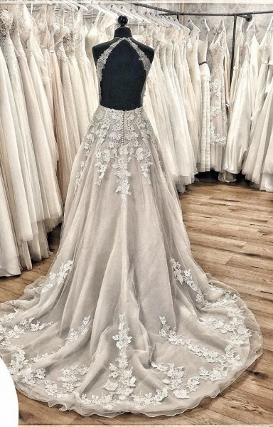 Elegant A-line Halter Backless Appliques Lace Tulle Ruffles Train Wedding Dress_3