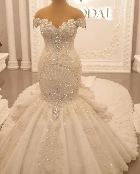 Gorgeous Off the Shoulder Crystal Floor-length Backless Mermaid Wedding Dresses_4