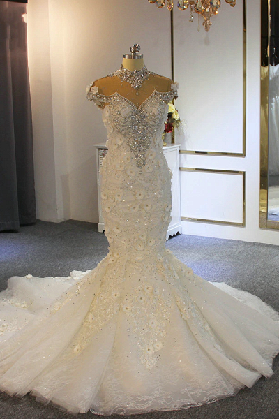 Gorgeous High Neck Appliques Lace Crystal Tulle Floor-length Mermaid Wedding Dress_1