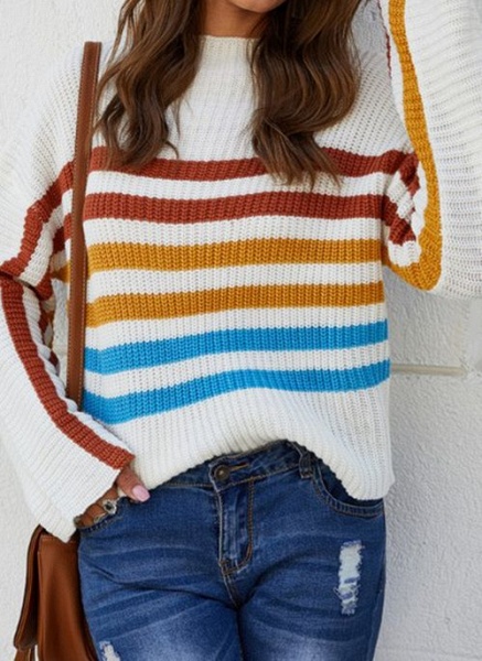 Round Neckline Color Block Casual Loose Regular Shift Sweaters_2