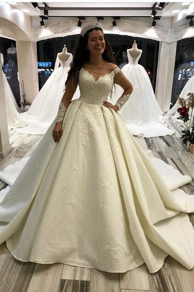 Elegant Long Princess Sweetheart Satin Wedding Dress with Sleeves_1