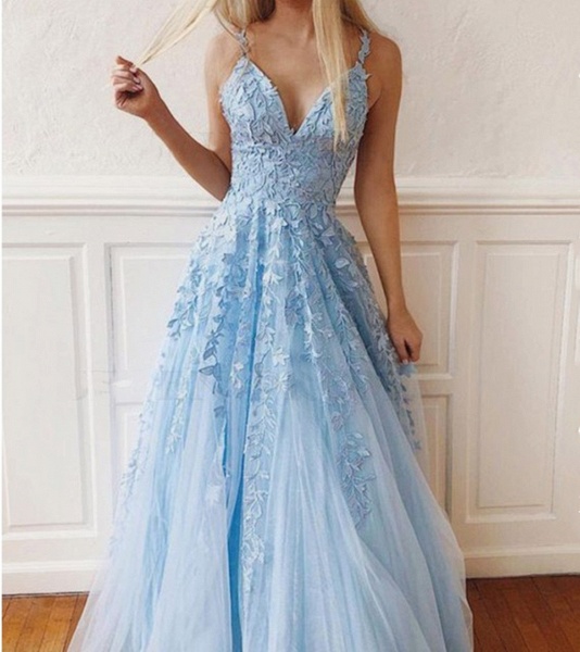 Charming A-Line V-neck Spaghetti Straps Appliques Lace Tulle Floor-length Prom Dress_3