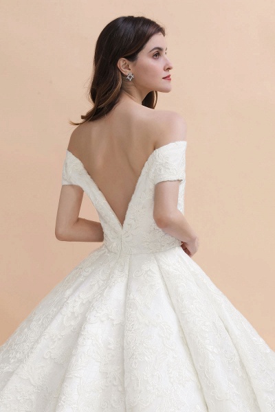 Graceful Off The Shoulder Lace Tulle Ball Gown Wedding Dress_3