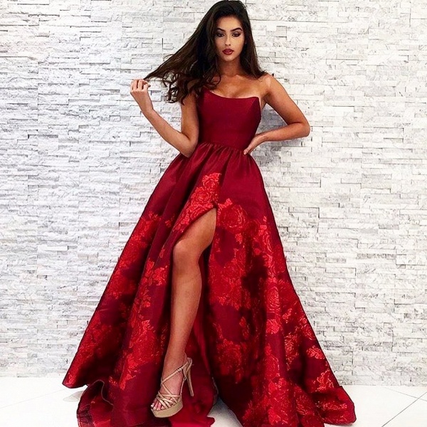 Gorgeous A-line Strapless Backless Floor-length Ruffles Print Satin Prom Dress With Split_3