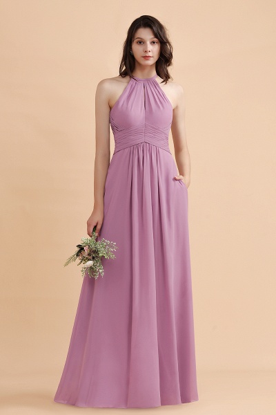 Halter Chiffon A-Line Garden Wedding Party Dress Floor-length Bridesmaid Dress_4