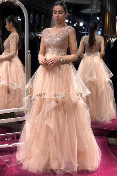 Stunning A-line Bateau Long Sleeve Sequins Tulle Ruffles Backless Prom Dress_1