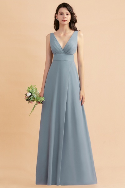 Simple V-neck A-Line Wide Straps Floor-length Chiffon Bridesmaid Dress With Side Slit_4