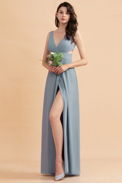 Simple V-neck A-Line Wide Straps Floor-length Chiffon Bridesmaid Dress With Side Slit_7