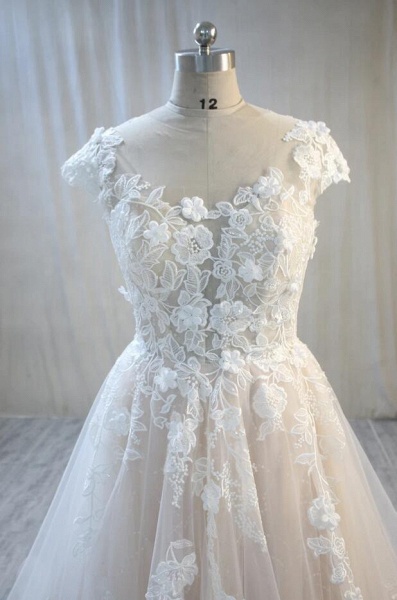 Elegant A-Line Bateau Backless Appliques Lace Tulle Floor-length Wedding Dress_3