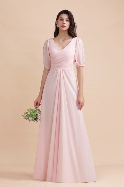 Pretty Half Sleeves V-neck A-Line Bridesmaid Dress Chiffon Long Wedding Guest Dress_6