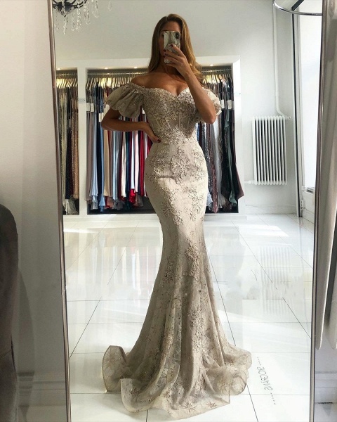 Stunning Long Mermaid Off-the-shoulder Lace Prom Dress with Puffy Sleeves_2