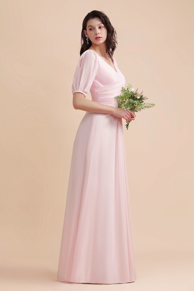 Pretty Half Sleeves V-neck A-Line Bridesmaid Dress Chiffon Long Wedding Guest Dress_8