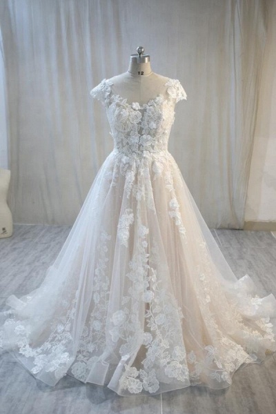 Elegant A-Line Bateau Backless Appliques Lace Tulle Floor-length Wedding Dress_1