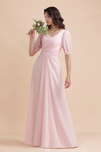 Hübsches halbes Ärmel V-Ausschnitt A-Linie Brautjungfernkleid Chiffon langes Kleid für Hochzeitsgäste_5