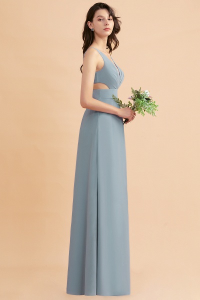 Simple V-neck A-Line Wide Straps Floor-length Chiffon Bridesmaid Dress With Side Slit_8