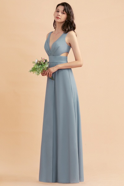 Simple V-neck A-Line Wide Straps Floor-length Chiffon Bridesmaid Dress With Side Slit_6