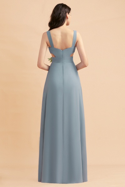 Simple V-neck A-Line Wide Straps Floor-length Chiffon Bridesmaid Dress With Side Slit_3