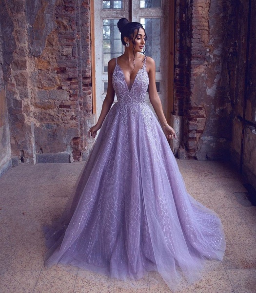 Gorgeous A-Line Tulle V-neck Spaghetti Straps Appliques Lace Crystal Train Backless Prom Dress_2