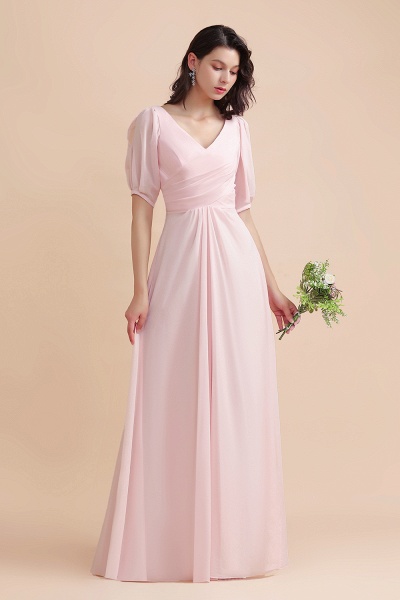 Hübsches halbes Ärmel V-Ausschnitt A-Linie Brautjungfernkleid Chiffon langes Kleid für Hochzeitsgäste_4