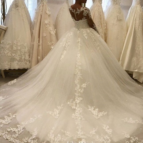 Elegant A-Line Bateau Long Sleeve Appliques Lace Ruffles Tulle Wedding Dress_3