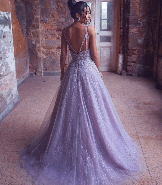 Gorgeous A-Line Tulle V-neck Spaghetti Straps Appliques Lace Crystal Train Backless Prom Dress_3