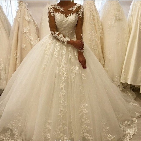 Elegant A-Line Bateau Long Sleeve Appliques Lace Ruffles Tulle Wedding Dress_2