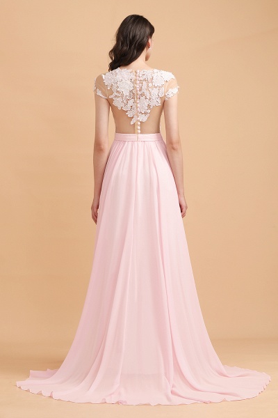 Cap Sleeves Lace Appliques A-Line Chiffon Bridesmaid Dress With Side Slit_3