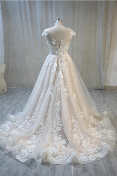 Elegant A-Line Bateau Backless Appliques Lace Tulle Floor-length Wedding Dress_2