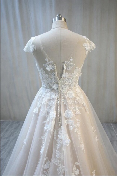 Elegant A-Line Bateau Backless Appliques Lace Tulle Floor-length Wedding Dress_4
