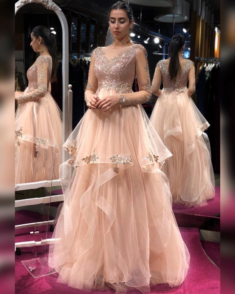 Stunning A-line Bateau Long Sleeve Sequins Tulle Ruffles Backless Prom Dress_2