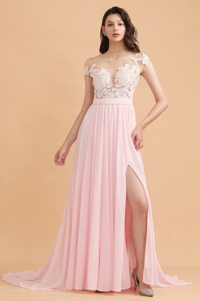 Cap Sleeves Lace Appliques A-Line Chiffon Bridesmaid Dress With Side Slit_4