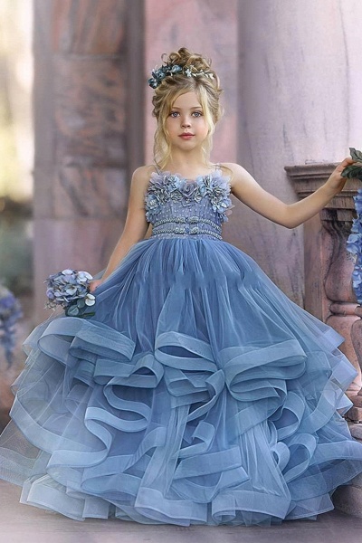 Nette staubige blaue lange trägerlose Prinzessin-Blumen-Mädchen-Kleider