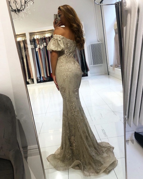 Stunning Long Mermaid Off-the-shoulder Lace Prom Dress with Puffy Sleeves_3