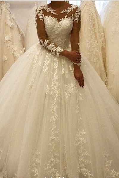 Elegant A-Line Bateau Long Sleeve Appliques Lace Ruffles Tulle Wedding Dress_1