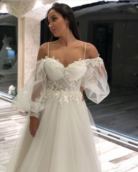 Classy A-Line Off-the-Shoulder Sweetheart Long Sleeve Spaghetti Straps Appliques Lace Tulle_4