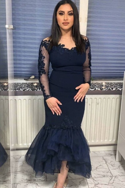Elegant Bateau Long Sleeve Appliques Lace Tea-length Mermaid Prom Dress_1