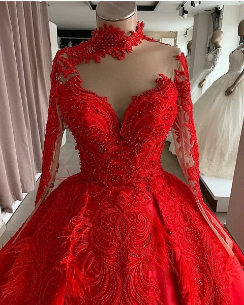 Dignified Red Sweetheart Long Sleeve Appliques Lace Ball Gown Prom Dresses_2