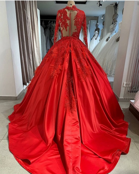 Dignified Red Sweetheart Long Sleeve Appliques Lace Ball Gown Prom Dresses_3