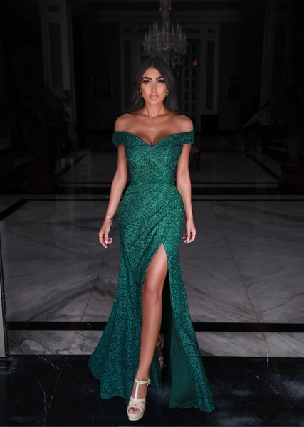 Fabulous Green Sweetheart Off-the-shoulder A-Line Prom Dresses with Slit_1