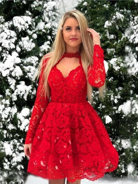 Short A-line Lace Red Long Sleeves Prom Dresses_1