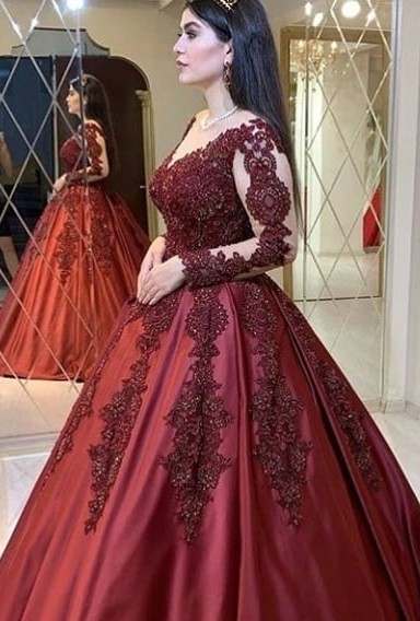 Gorgeous Red Appliques V-neck Long Sleeve Ball Gown Prom Dresses_1