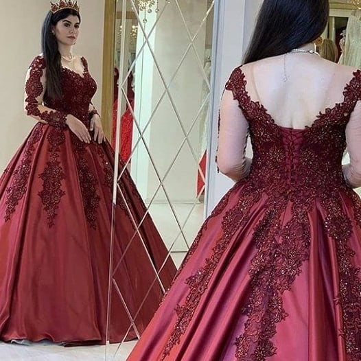 Gorgeous Red Appliques V-neck Long Sleeve Ball Gown Prom Dresses_2