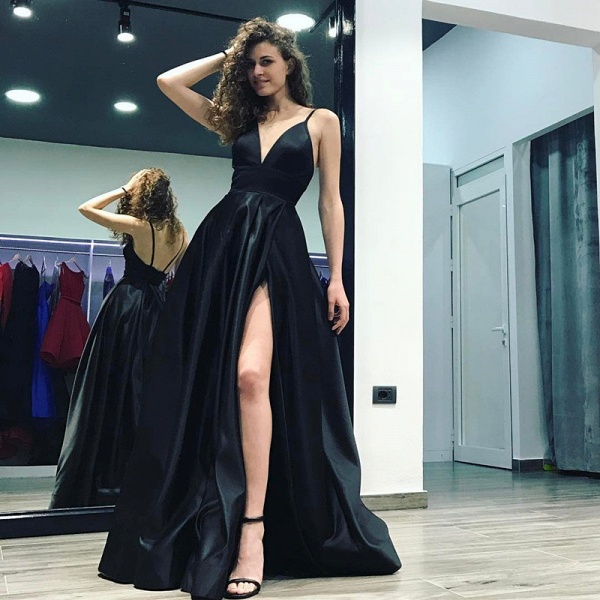 Stylish Black Spaghetti Straps V-neck A-Line Floor-length Prom Dress With Side Slit_3
