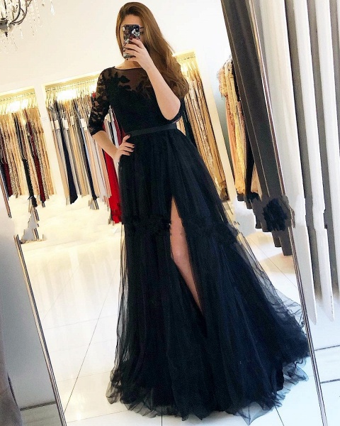 Bateau Long Sleeves Lace A-Line Ruffles Floor-length Prom Dress With Slit_1